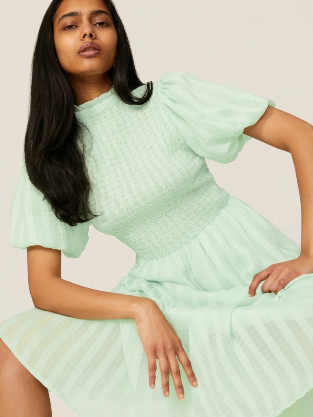 Pamela Love Mint Sage Smocked Midi Dress